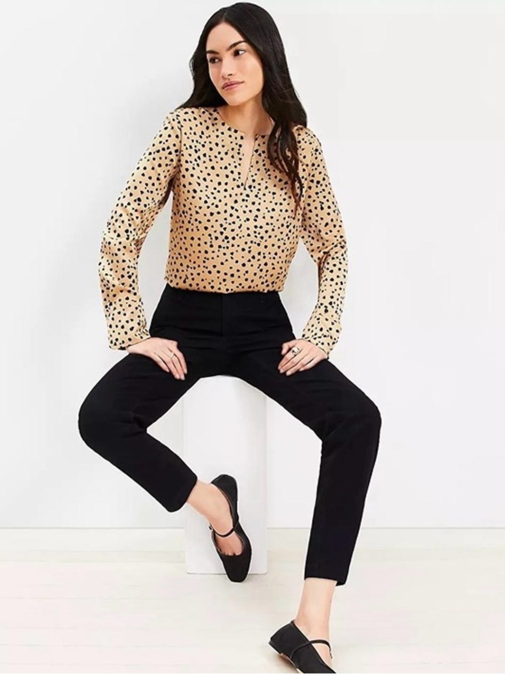 LOFT Cheetah Animal Print Keyhole Blouse Tan Black Size L